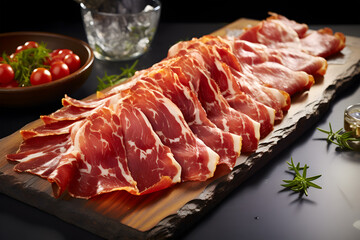 Delicious jamon on a wooden plate.