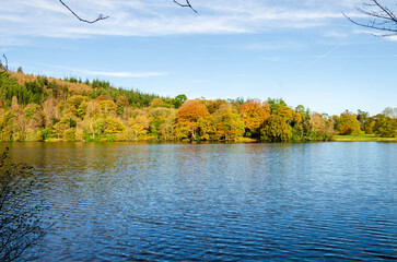 Castlewellan, County Down, Northern Ireland, tree-lined lake with Autumn colours, ideal for hiking,...