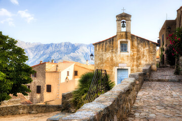 Fototapeta na wymiar Chapel in the Beautiful Medieval Village of Sant’Antonio on a Hilltop in the Balagne Region on Corsica