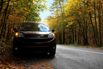 Modern car on asphalt road near autumn forest