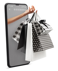 Female hand holding many shopping bag black and white color. Coming out from mobile phone screen....
