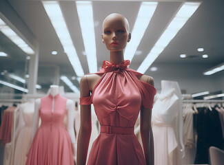 Stylish mannequin showcasing pink designer dress in boutique. - obrazy, fototapety, plakaty