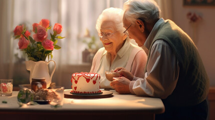 old people grandparents, gray hair, sitting in the kitchen with cake and tea, smiling and celebrating.Generative AI