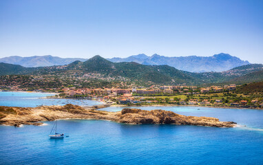 Fototapeta na wymiar View of the City of L'Ile Rousse on Corsica, France, as Seen from Ile de la Pietra