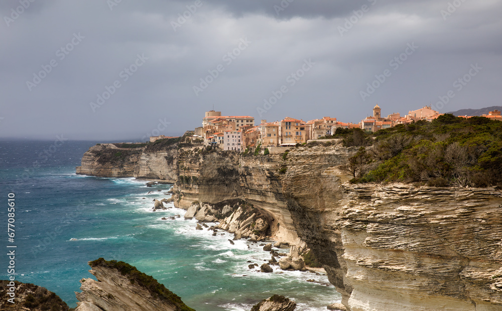 Canvas Prints the dramatic cliff with the old city of bonifacio on the southern tip of corsica, france