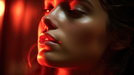 Close-up photo of a woman's face receiving red light therapy, highlighting the glow on her skin, with a look of relaxation - obrazy, fototapety, plakaty