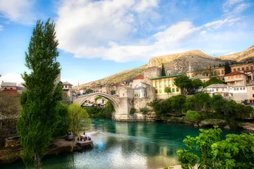 Foto auf Acrylglas Stari Most The Famous Old Bridge (Stari Most) Crossing the River Neretva in Mostar, Bosnia and Herzegovina