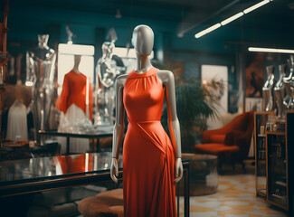 Stylish mannequin showcasing designer dress in boutique. - obrazy, fototapety, plakaty