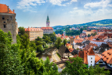 Beautiful Cesky Krumlov in the Czech Republic, with the Vltava River and the Castle Dominating the City - obrazy, fototapety, plakaty