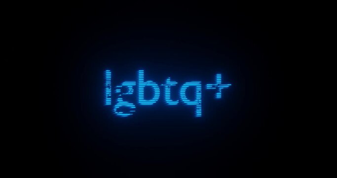 Abstract 3D illustration of word "lgbtq plus" glowing with blue neon lights on a black background