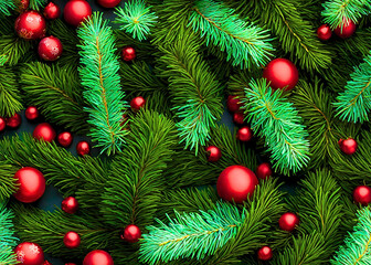 Naklejka na ściany i meble christmas tree branch with christmas decorations, christmas tree branch, christmas tree decoration