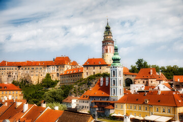 Beautiful Cesky Krumlov in the Czech Republic, with the Tower of St Jost Church and the Castle...