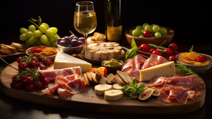 Cheese platter with prosciutto, salami, olives, crackers and wine