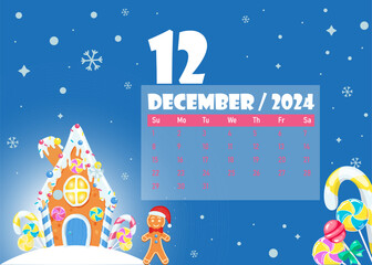 Cute fairytale design for December 2024 calendar. Candy. Sweets. Gingerbread man. Gingerbread house