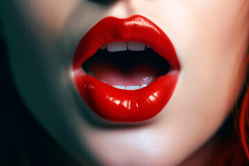 female open mouth with red lips close-up - obrazy, fototapety, plakaty