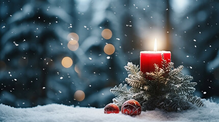 Glowing red candle with Christmas decoration in the snow