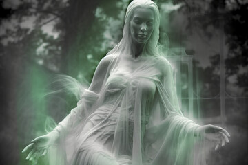 Figure of a female zombie ghost in the forest.