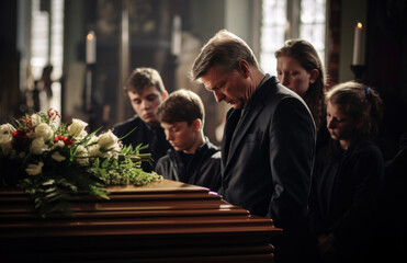 Death, funeral and family touching coffin in a church, sad and unhappy while gathering to say farewell. Church service casket and sad man and woman looking upset while greeting, goodbye and rip