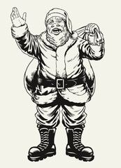 Vintage Hand Drawn Santa Claus Illustration Carry Big Sack of Present