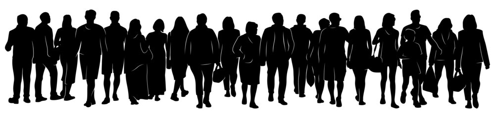 Crowd of people walking on a street. Vector silhouette, banner.