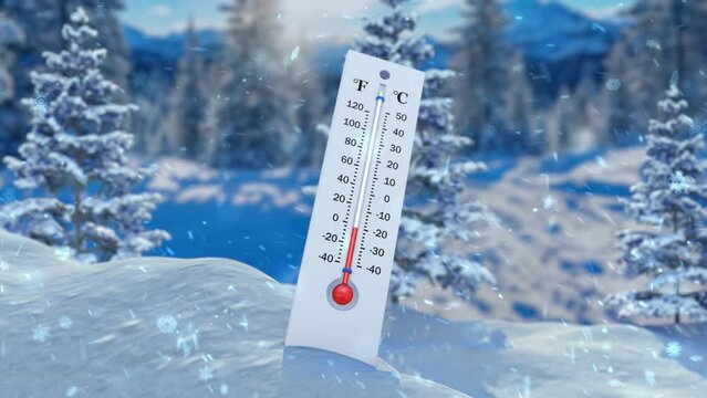 Thermometer in the snow close-up shows a decrease in temperature against the background of falling snow. Thermometer against the background of a snow-covered forest and mountains. 3D render.