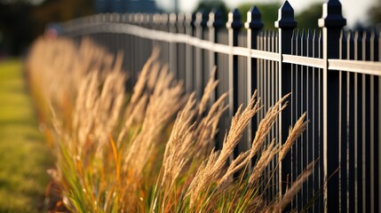 Black wrought iron fence balusters, Grass landscaping and Aluminum guardrails - obrazy, fototapety, plakaty