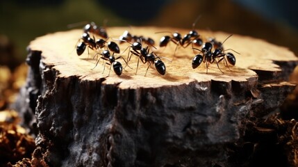 Close-up of Argentine and black ants crawling on wood and stone surfaces