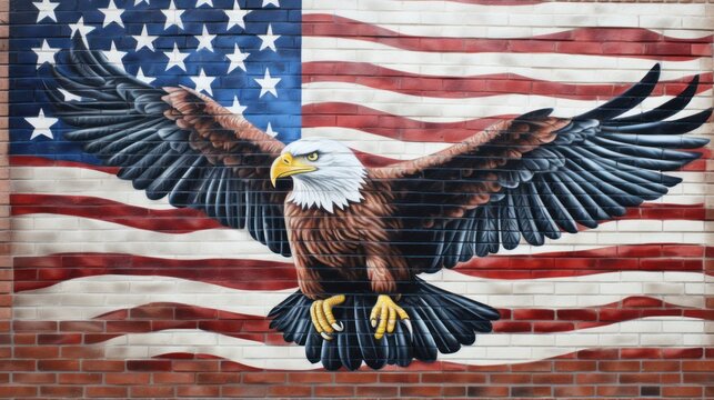 Bald Eagle and American Flag on Brick Wall in AI Generated Art