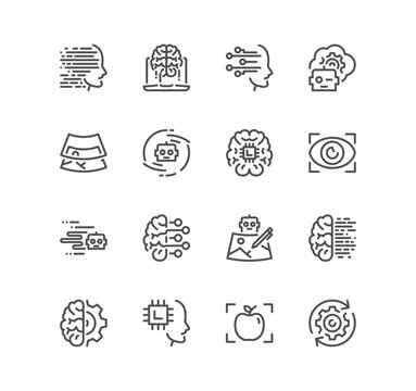 Set of artificial intelligence related icons, machine learning, smart robotic, thinking machine, humanoid robot, face recognition, ai technology possibilities and linear variety vectors.