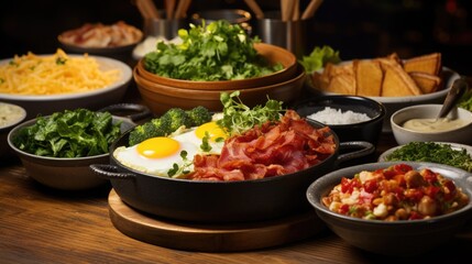 Obraz premium National Egg Month: A brunch scene with various egg dishes, such as omelets, benedicts, and scrambles, on a buffet table.