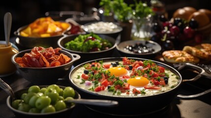 National Egg Month: A brunch scene with various egg dishes, such as omelets, benedicts, and scrambles, on a buffet table.