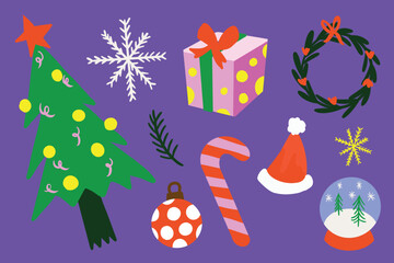 Christmas Illustration painting colorful cartoon flat vector style set