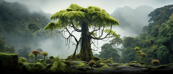 Scenic view of old tree roots covered with moss growing in green forest on sunny day. - Powered by Adobe