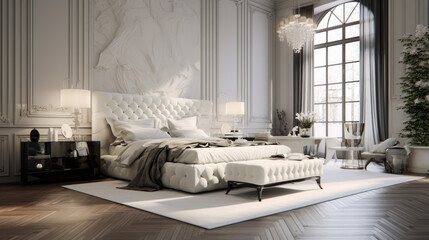 A modern bedroom features a platform bed with a tufted headboard and an elegant crystal chandelier