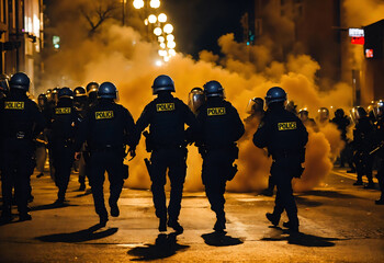 Obraz premium Officers are dressed in riot gear and are using helmets with shields to push back the protesters, who are holding signs and throwing objects. scene is chaotic, with smoke and debris filling the air