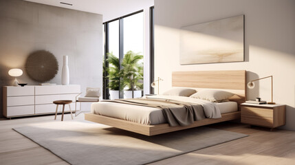 Fototapeta premium a modern bedroom with a king-size bed and a white dresser