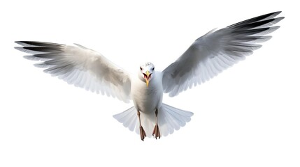 Naklejka premium Flying Seagull isolated on empty white background, created with Generative Ai technology.