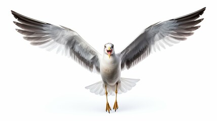 Obraz premium Flying Seagull isolated on empty white background, created with Generative Ai technology.