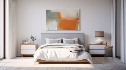 a modern bedroom with a king-sized bed and a white nightstand and a large painting on the wall