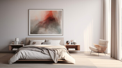 a modern bedroom with a king-sized bed and a white nightstand and a large painting on the wall