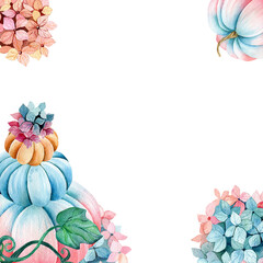 Hand drawn pink, blue pumpkins, hydrangea flowers, pumpkin leaves isolated on white background. Vertical card for text, inscriptions. Botanical, watercolor illustration. Autumn.