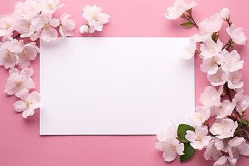 White card on a pink background decorated with flowers. Space for text. Greetings, Valentine's Day