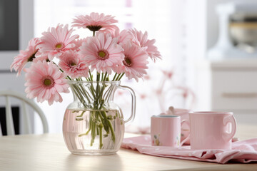Obraz na płótnie Canvas Spring flowers in glass vase on wooden table. Blurred kitchen background with old chair. Bouquet of pink gerberas. Contemporary elegant scandi interior