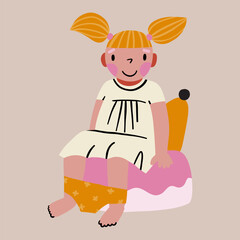 Baby girl sits on the pink plastic pot. The child is accustomed to the potty. Toilet time, potty time. Cartoon cute little kid using pot, child learning to use toilet. Personal childish hygiene.