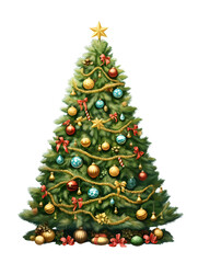 Fototapeta premium Illustration of a festive Christmas tree adorned with ornaments and gifts. Transparent background 