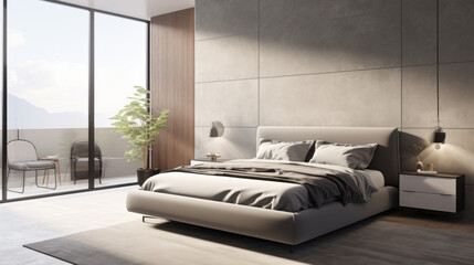a modern bedroom with grey walls and a tiled floor and a large window