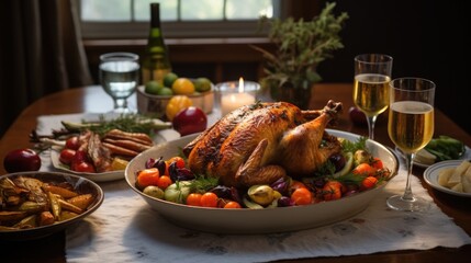 National Sunday Supper Month: A family-style dining table set with a roasted chicken, vegetables, and all the fixings for a traditional Sunday supper