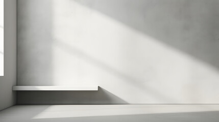 Minimal abstract light gray background for product presentation. Shadow and light from windows on plaster wall.