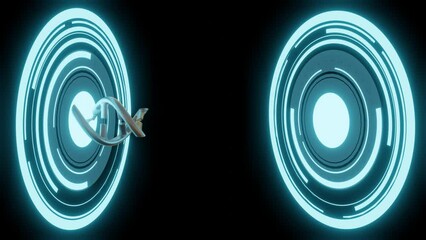 Abstract technology background concept featuring a 3D animation of Artificial Intelligence (AI) and DNA helix in a vibrant blue neon glow - Powered by Adobe