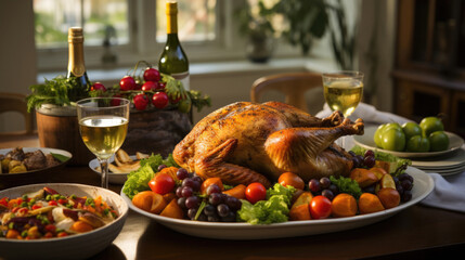 National Sunday Supper Month: A family-style dining table set with a roasted chicken, vegetables, and all the fixings for a traditional Sunday supper
